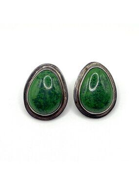 Vintage Mexican 925 Sterling Silver Green Maw Sit Sit Oval Earrings